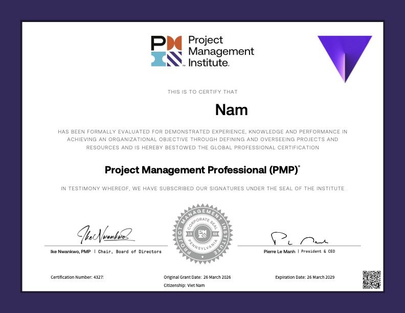 Project Management Professional (PMP) earned by Nam Le