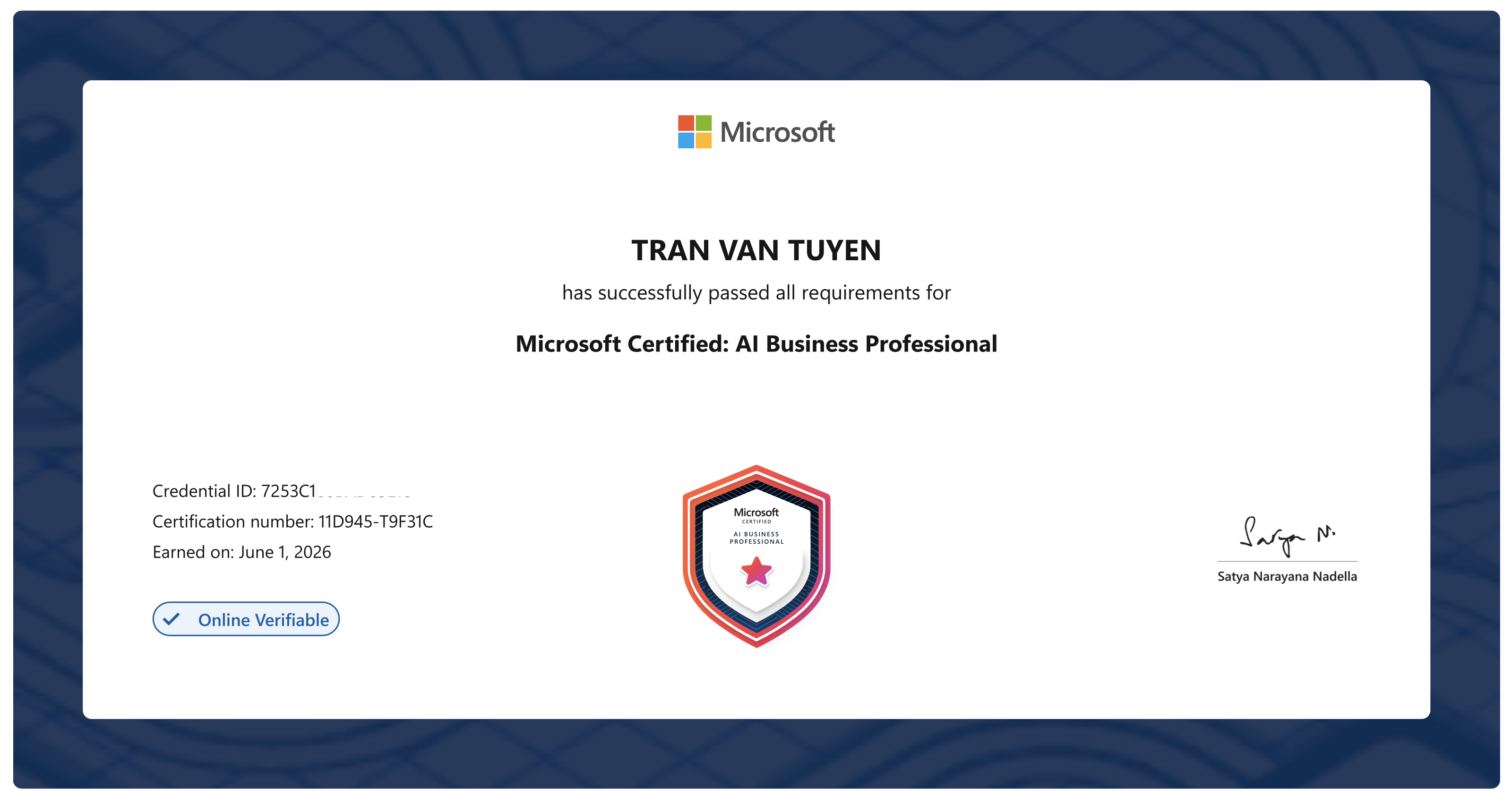 Microsoft Certified: Al Business Professional earned by Billy