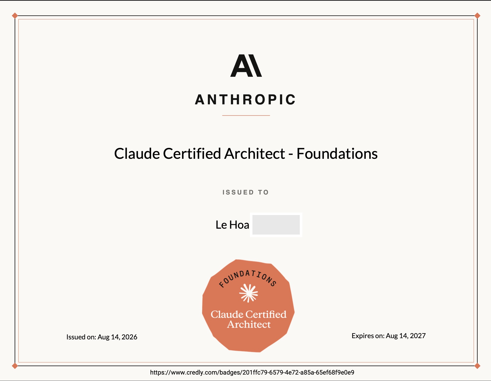 Claude Certified Architect - Foundations earned by Nam Le