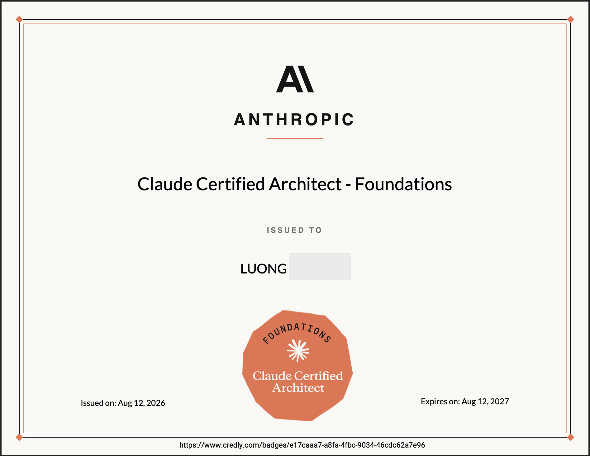 Claude Certified Architect - Foundations earned by kuty9x