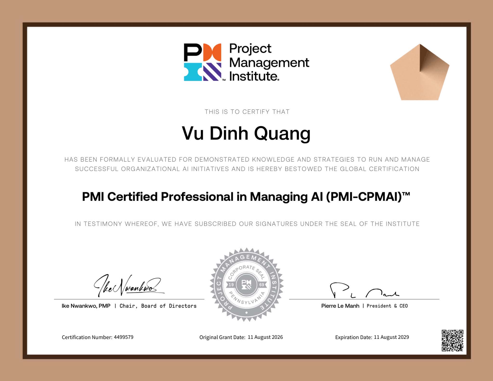 PMI Certified Professional in Managing AI (PMI-CPMAI) earned by Quang