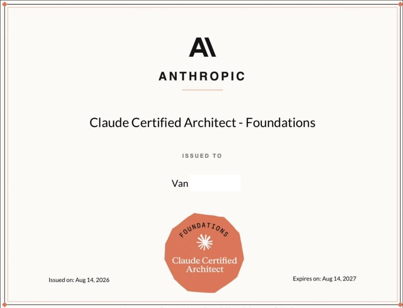 Claude Certified Architect - Foundations earned by HoanTran
