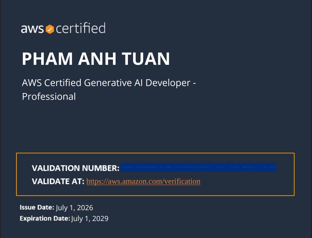 AWS Certified Generative Al Developer - Professional earned by Nino Pham