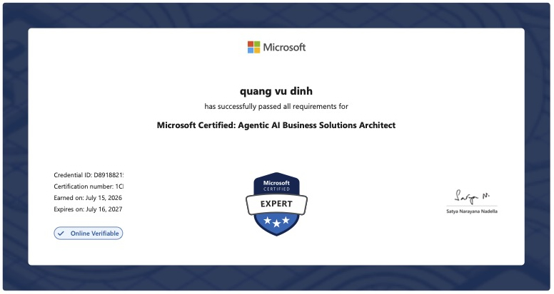 Microsoft Certified: Agentic AI Business Solutions Architect earned by Quang