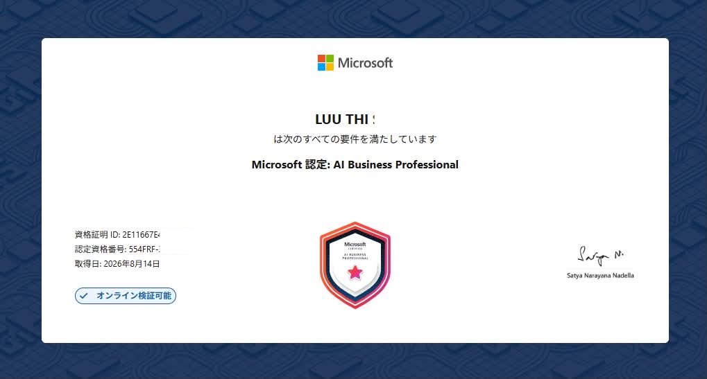 Microsoft Certified: Al Business Professional earned by Pikachu