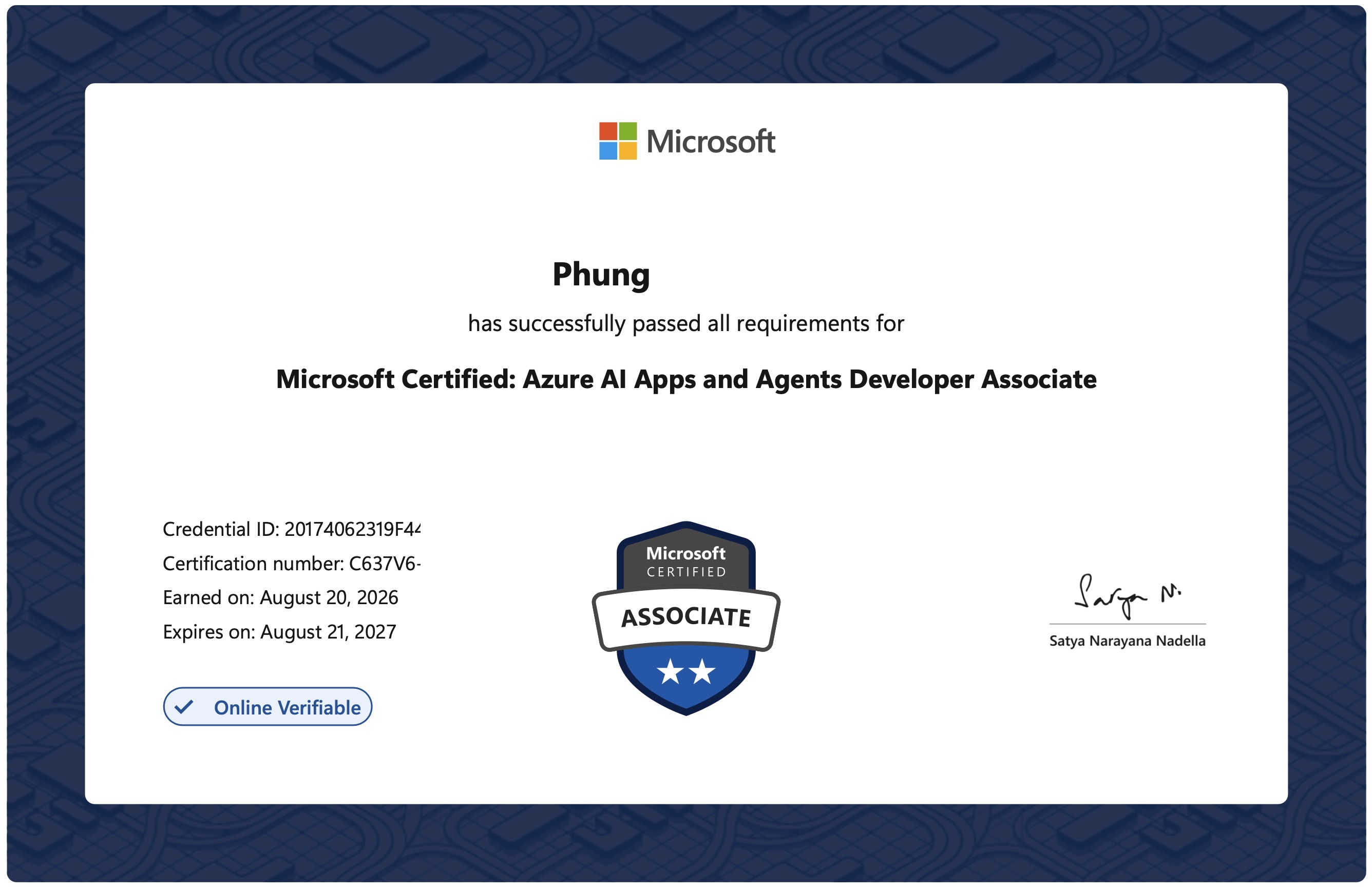 Microsoft Certified: AI 103 Azure AI Apps and Agents Developer Associate earned by DevlaAi889294