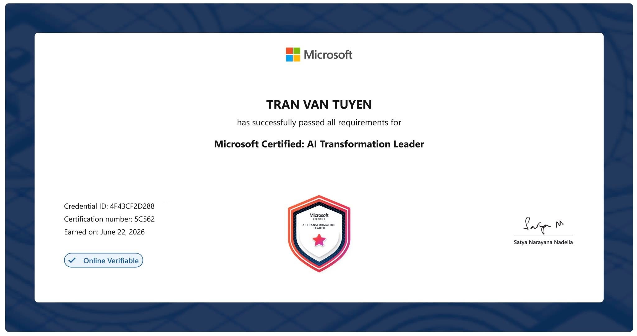 Microsoft Certified: AI Transformation Leader earned by Billy